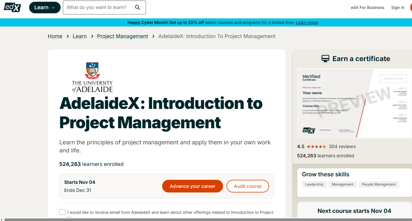 Introduction to Project Management by the University of Adelaide (edX)