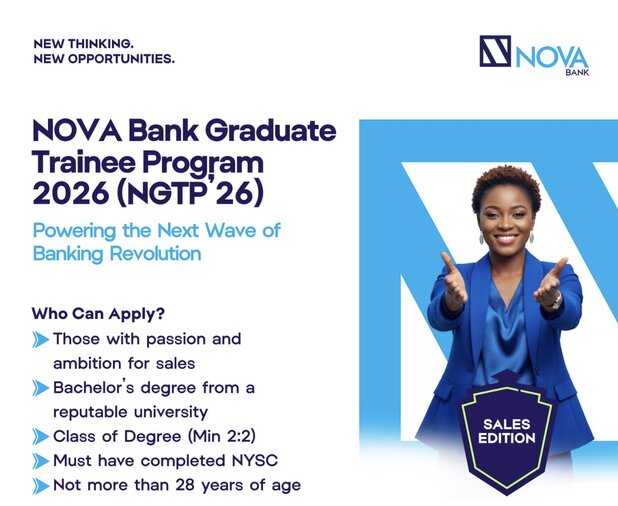 NOVA Bank Graduate Trainee Program 2026 (Sales Edition) for young Nigerian graduates.