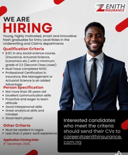 Apply Now: Zenith Insurance 2025 Fresh Graduate Opportunities for Young Nigerians